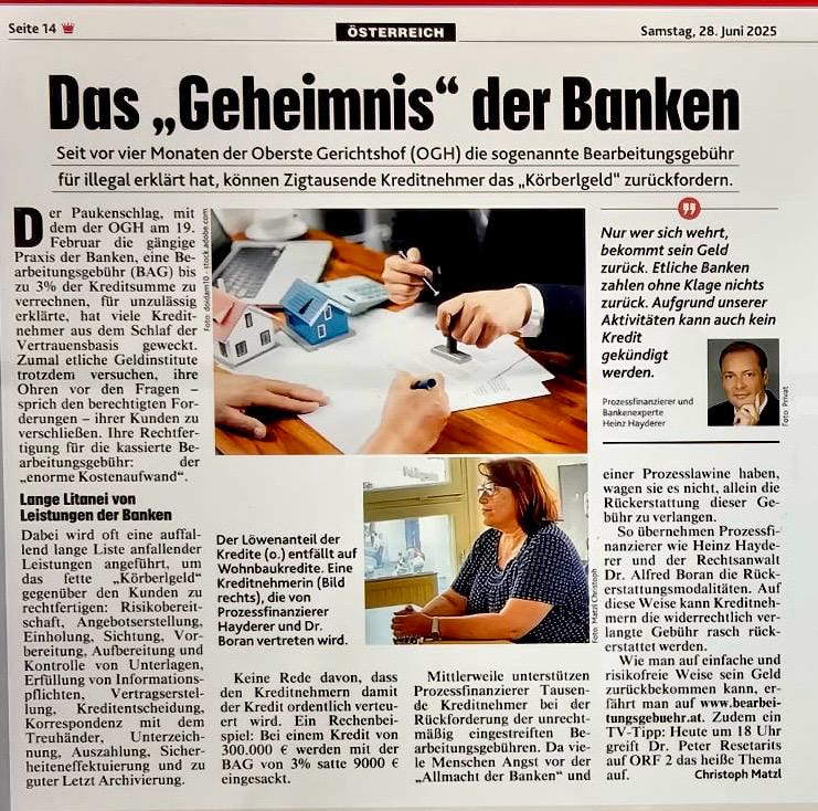 Österreich Zeitung: Das Geheimnis der Banken - Artikel über illegale Kreditgebühren