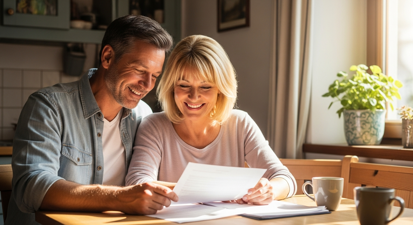 Zufriedene Familie prüft ihre Unterlagen